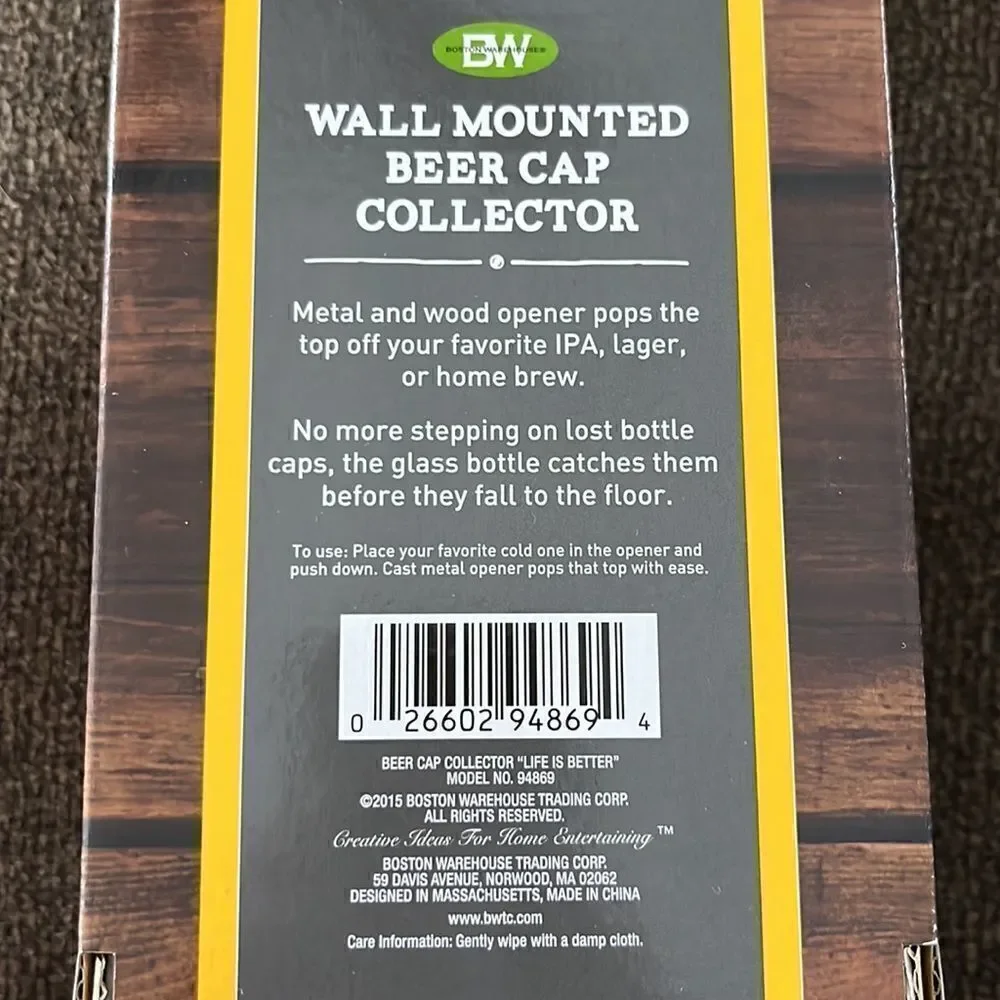 Wall Mounted Beer Cap Collector with Upside Down Glass Bottle and Cap Opener